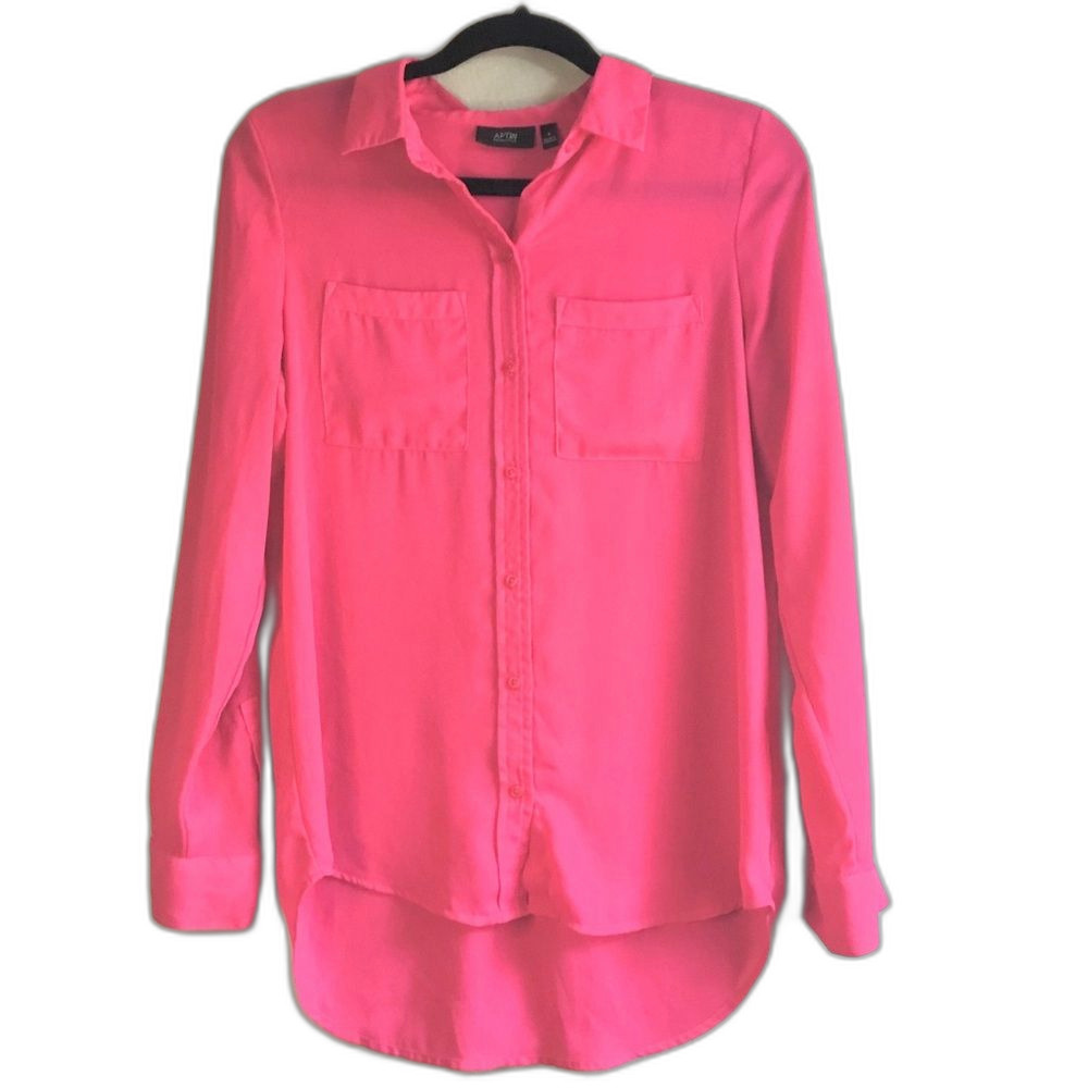Bright pink button down blouse high low semi sheer business casual night out S